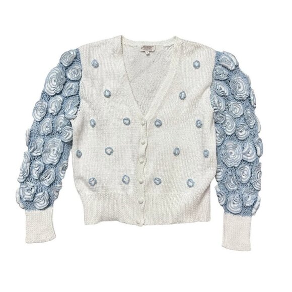 VTG Cardigan Sweater Large Blue White Floral Knit Art Cottagecore Grandma Spring - Picture 1 of 12